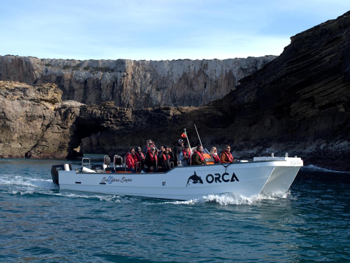 Tour boat in rocky coastal waters under cloudy sky.