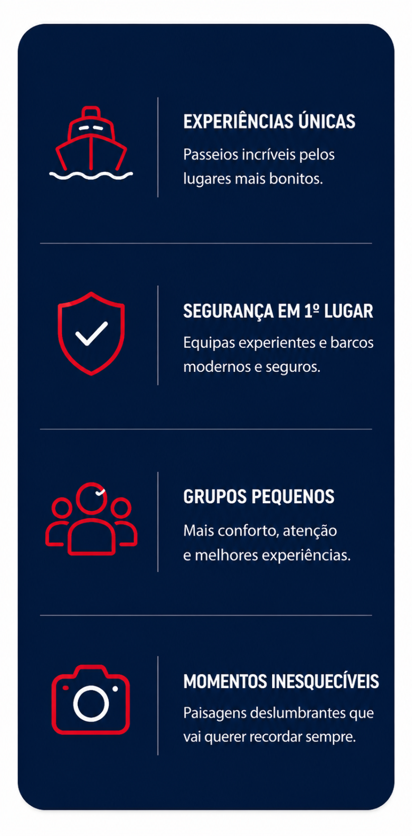 Infographic with icons and text about unique experiences, safety, small groups, and unforgettable moments.