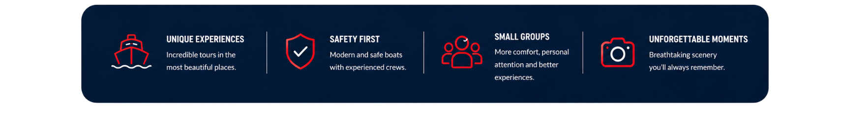 Infographic with 4 icons: boat, shield, group, camera; text about travel experiences and safety.