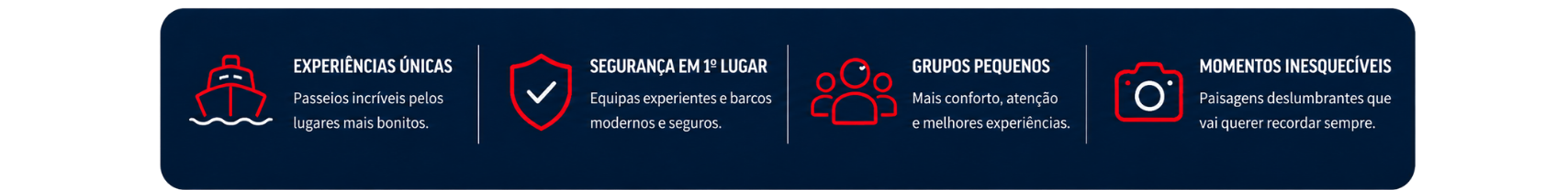 Navy blue banner with icons and text about unique experiences, safety, small groups, and unforgettable moments.