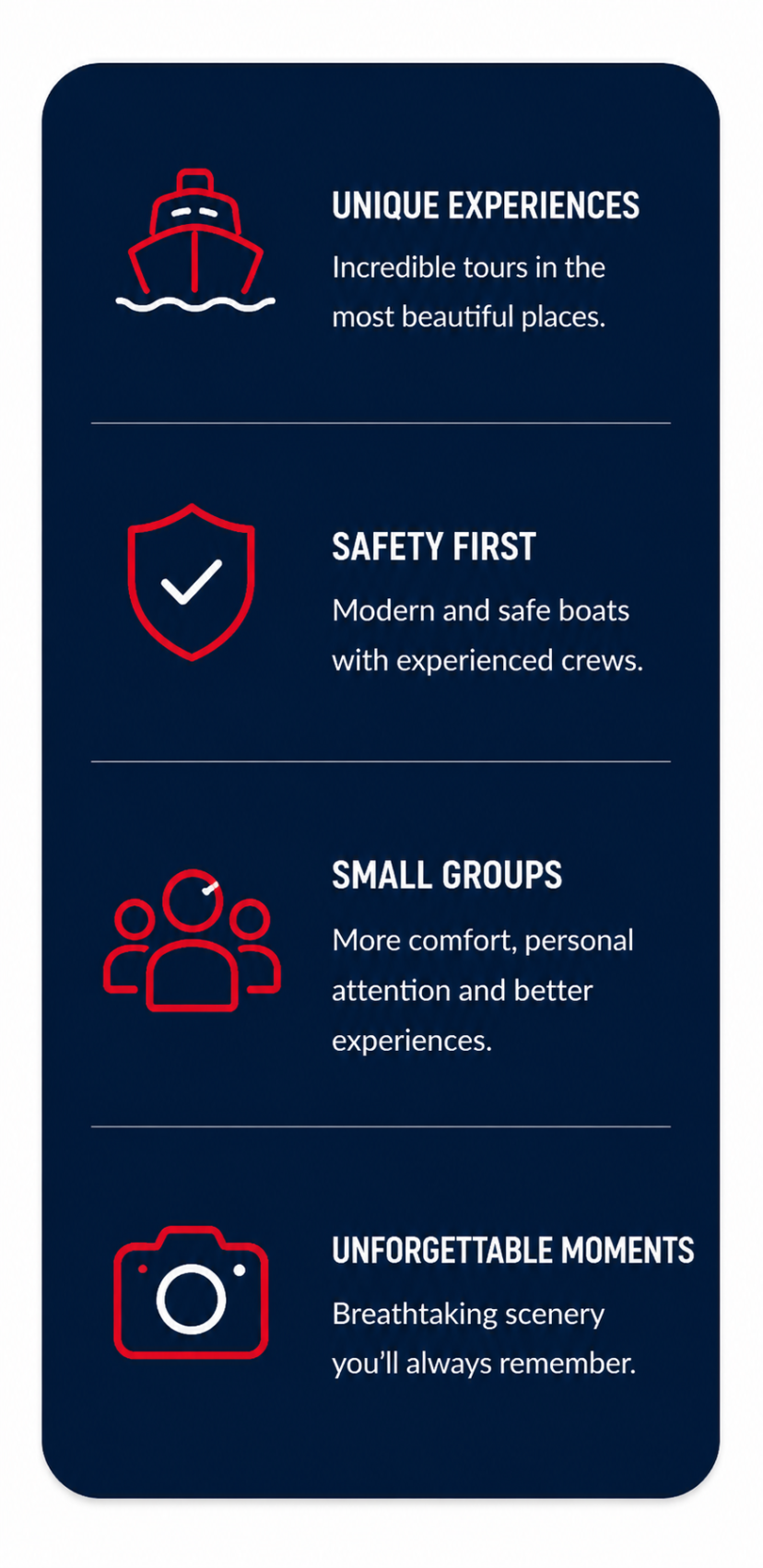 Infographic with icons and text on tours, safety, group size, and memorable moments.