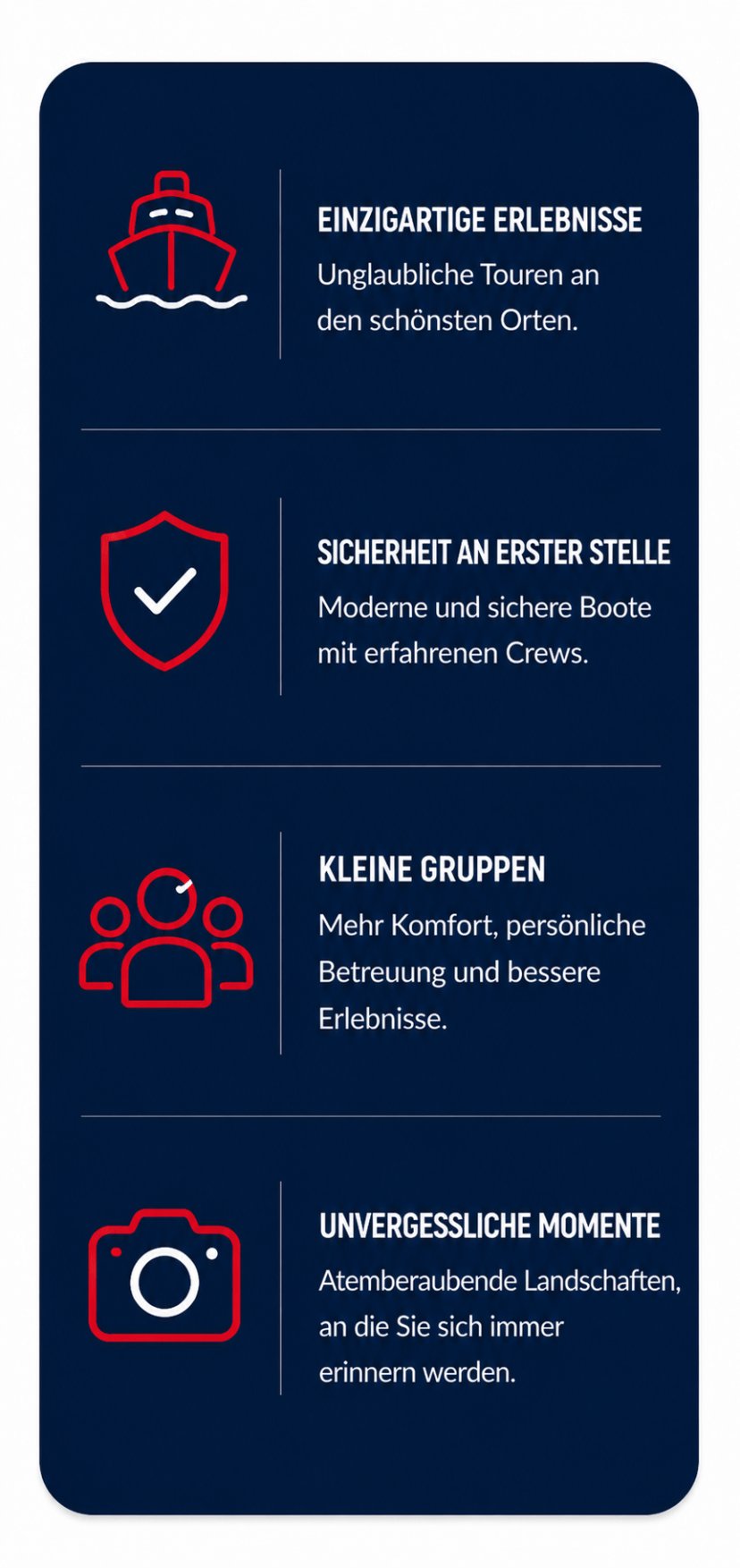 Infographic with icons for tours, safety, small groups, and memorable moments.